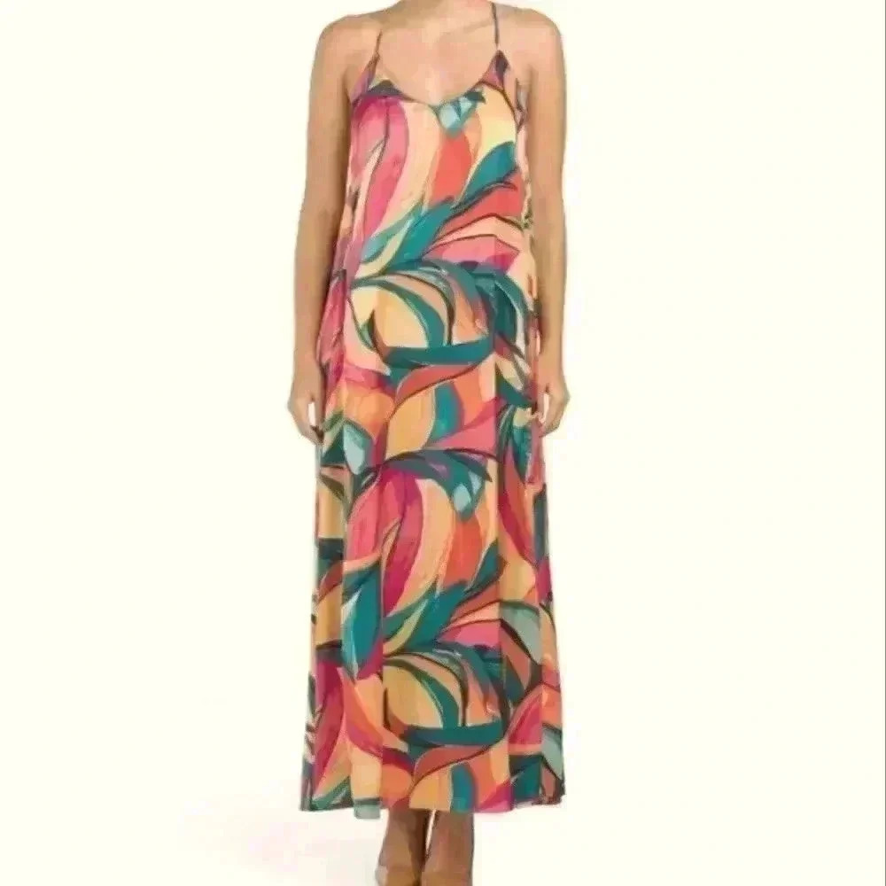 Nicole Miller Abstract Floral Print Slip on Satin Maxi Dress